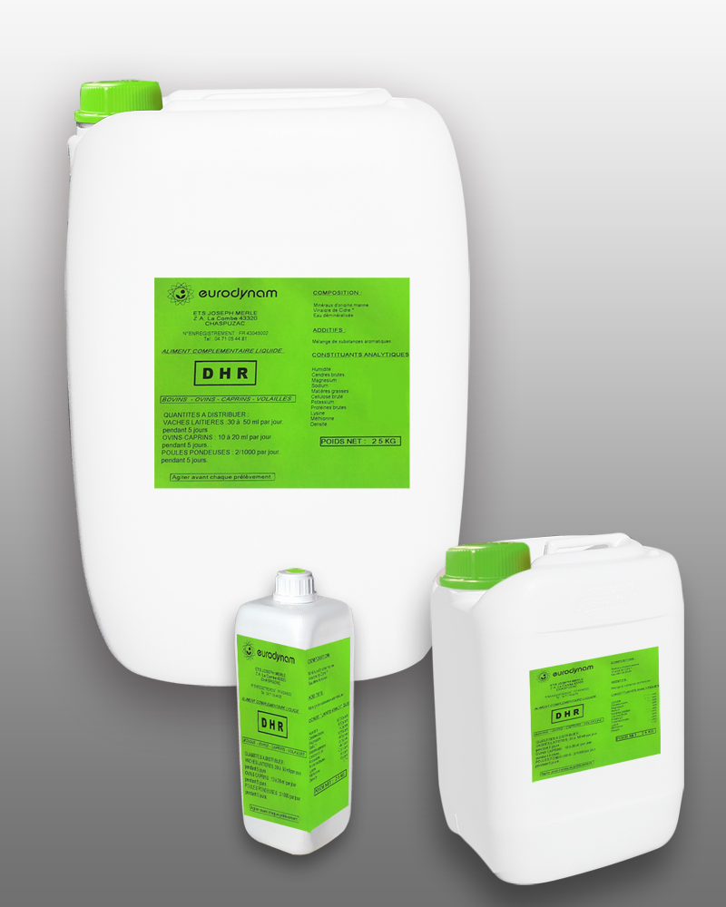 DHR : Aliment complémentaire liquide pour animaux d'élevages et vaches laitières.